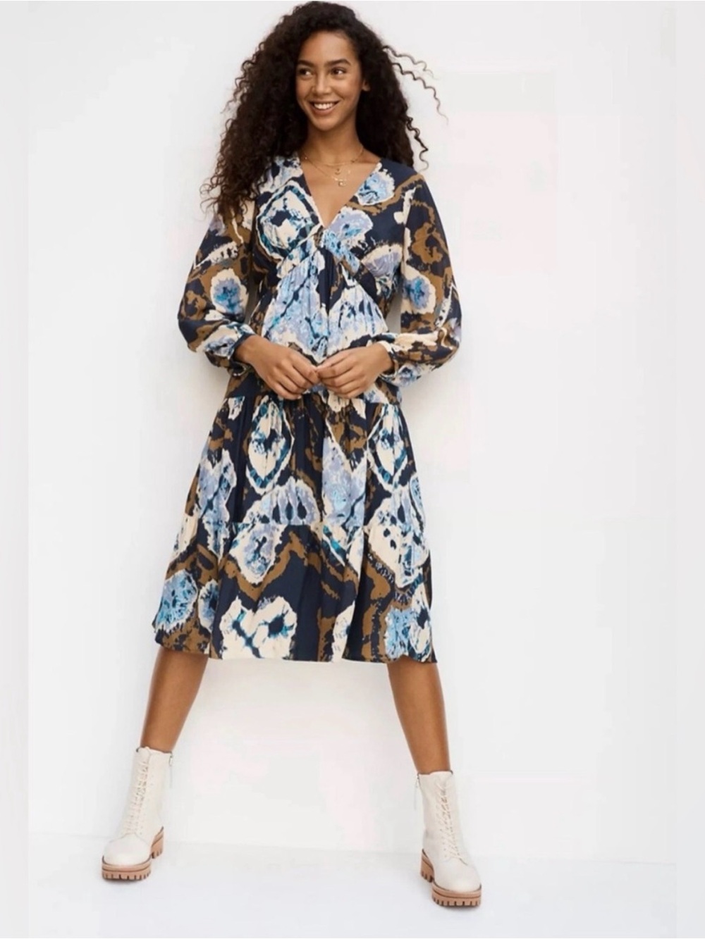 ANTHROPOLOGIE Othelia Arden Tie Dye Midi Dress S 19”  P2P Blue/Tan/Cream EUC